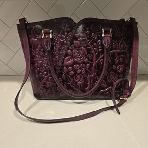 Pijushi Rare Artisan Large Floral & Bee Leather Shoulder HandBag Burgandy EUC